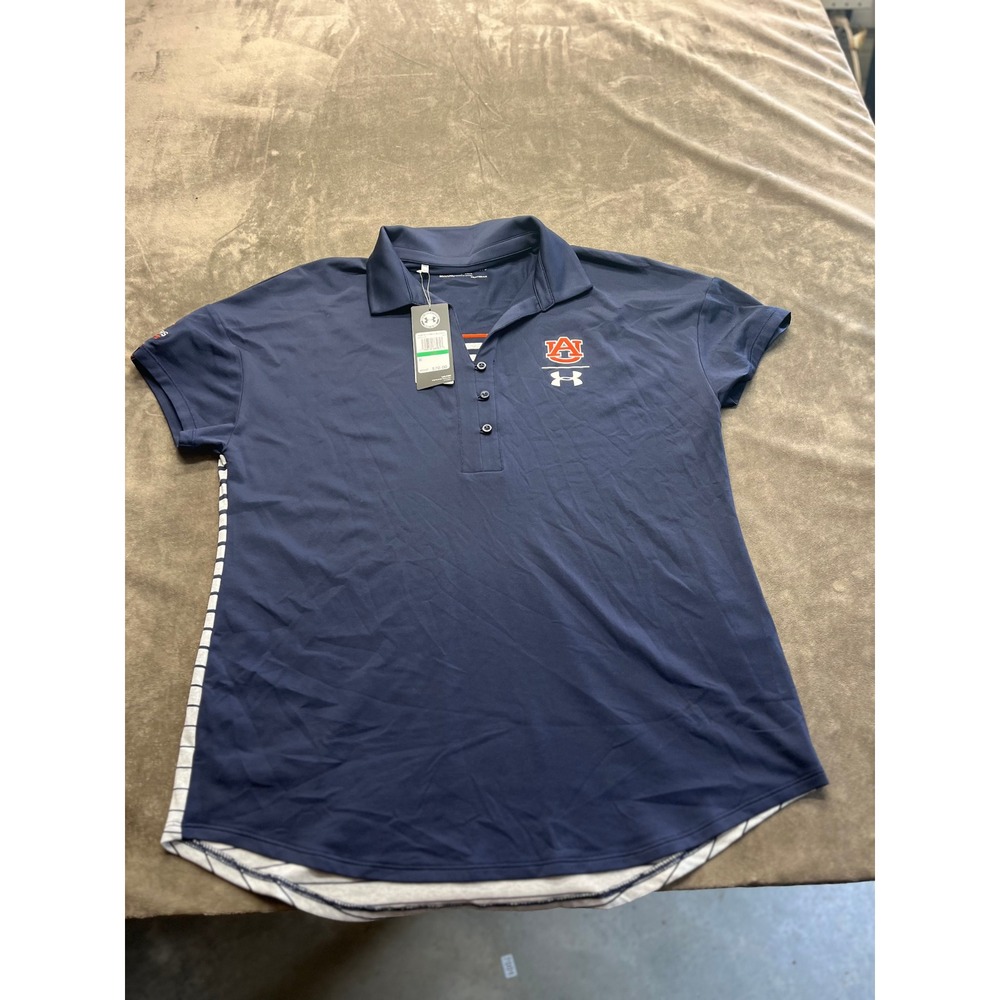 Under Armour Auburn Tigers Women Polo Shirt Navy Blue Striped HeatGear Large NWT